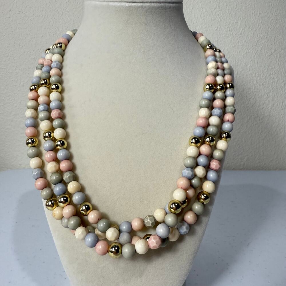 Vintage 50s 60s Multi 3 Strand Pastel Gold Beaded Statement Necklace Mod Retro